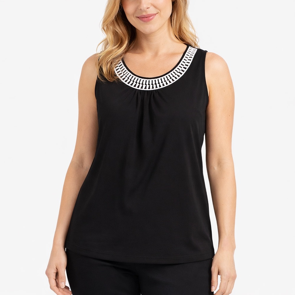 NWT Allison Daley Black Sleeveless Blouse White Appliqué Neckline Size Small